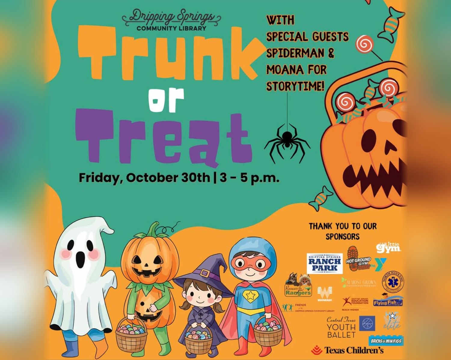 The library's Trunk or Treat flyer: Friday, October 30th, 3 to 5pm, with special guests Spiderman and Moana for storytime, cartoon kids in Halloween costumes carrying treat baskets, and the sponsors' logos